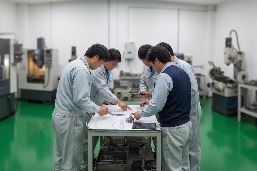 図面を囲みながら工程や製品仕様を確認する複数の作業員