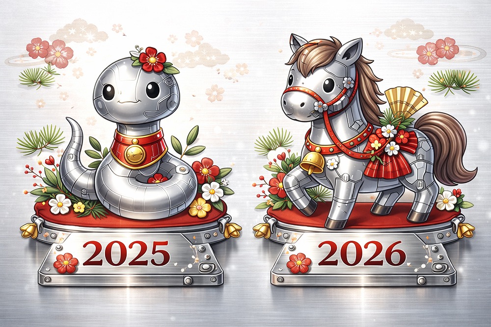 精密金属加工をイメージした金属製の2025年の干支「巳」と2026年の干支「午」のイラスト。配管や金属部品の質感を表現。