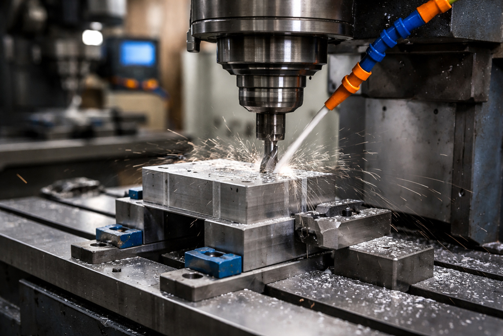 フライス加工で金属部品を切削している様子。加工方法や用途を説明するための工場写真