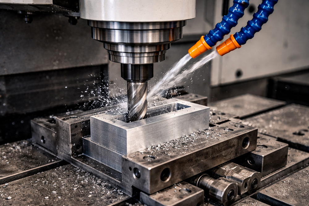 マシニングセンタで金属ブロックを切削加工している様子。工具に切削液が当たり、ワークを高精度に加工している。