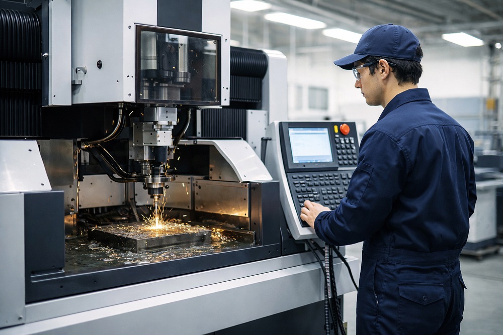 ワイヤーカット加工機を操作し精密加工を行う作業員