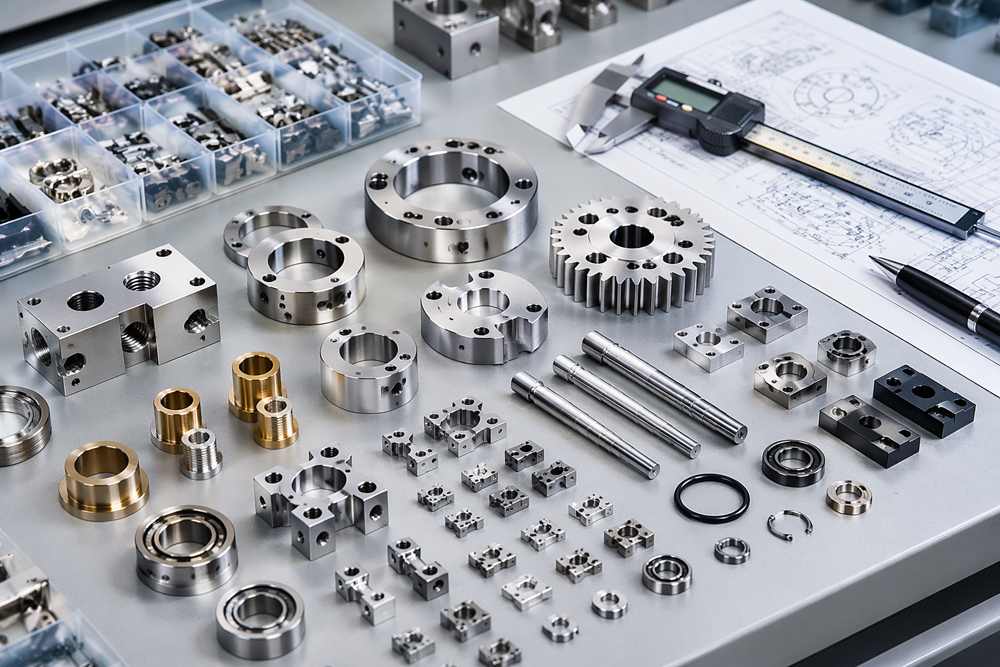 机の上に精密加工された金属部品が整然と並び、ノギスや図面も置かれている様子