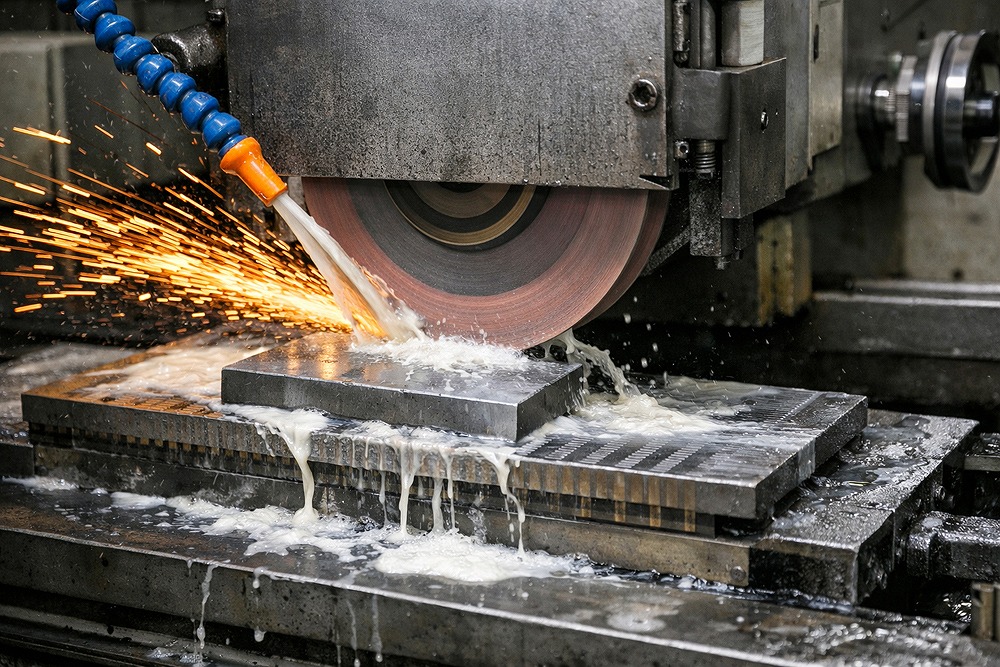 平面研削盤で金属プレートを加工している様子。回転する砥石から火花が飛び、研削液をかけながら平面仕上げを行っている