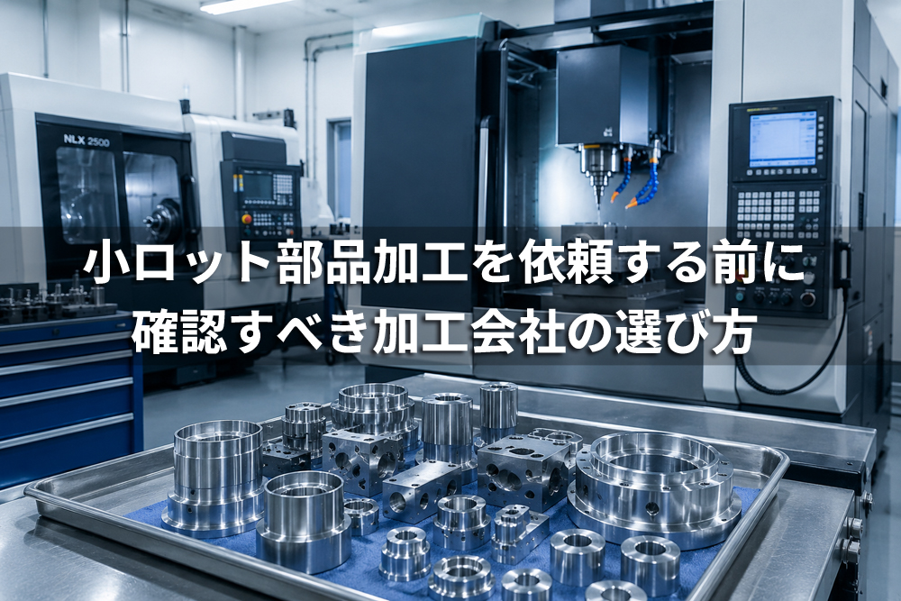 精密部品が並ぶ加工現場を背景に「小ロット部品加工を依頼する前に確認すべき加工会社の選び方」と書かれたアイキャッチ画像。