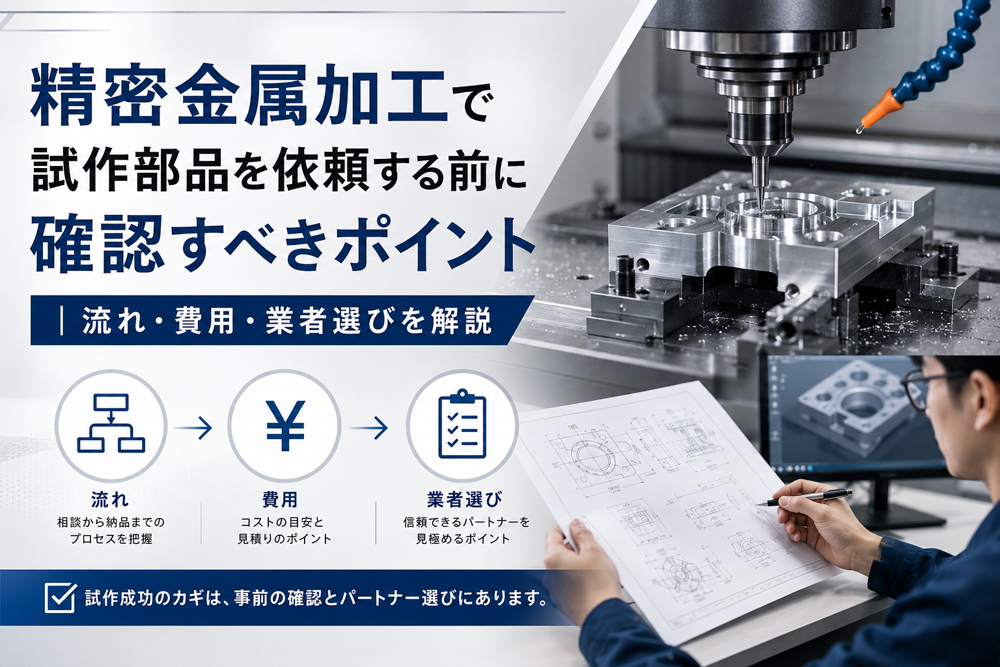 精密金属加工による試作部品の依頼前に確認すべき流れ・費用・業者選びを解説するアイキャッチ画像。NC加工機や図面確認の様子が掲載されている。