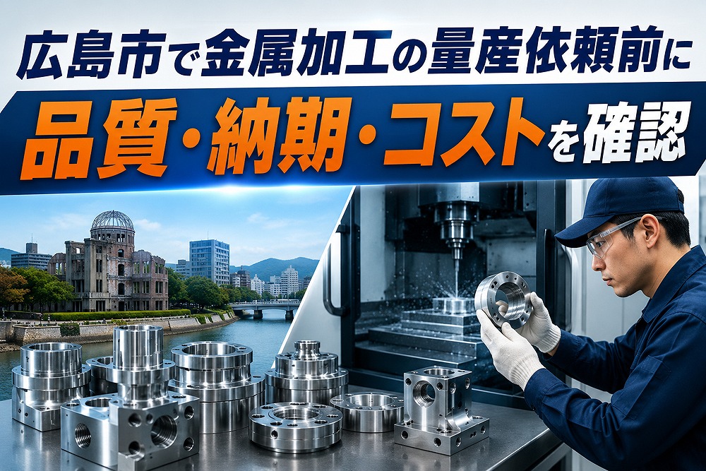広島市で金属加工の量産を依頼する前に、品質・納期・コストを確認する重要性を伝えるアイキャッチ画像。金属部品、工作機械、作業員、広島の街並みが配置されている。