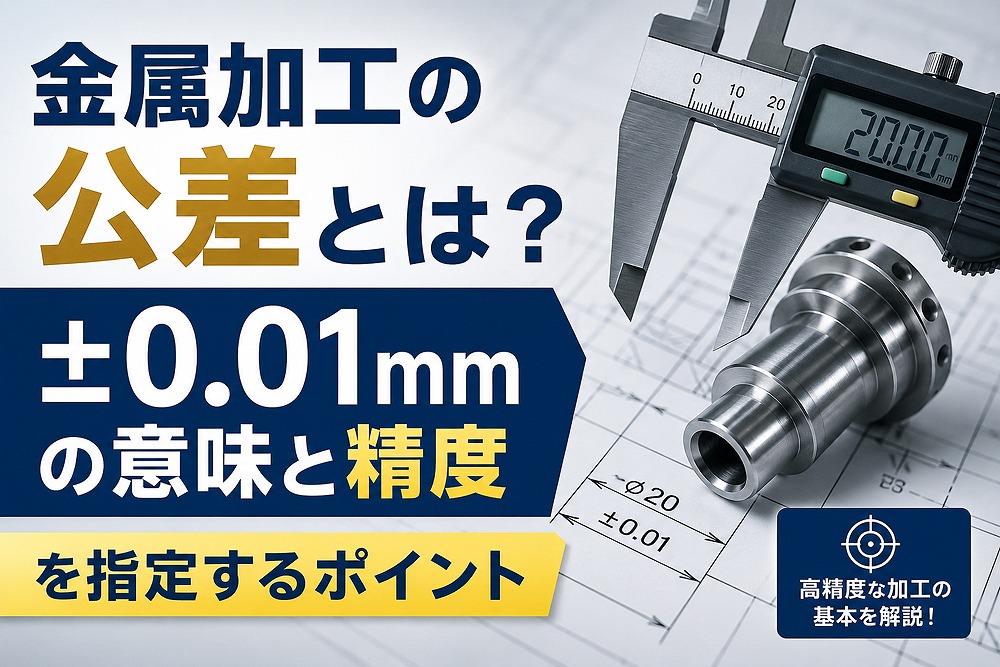 金属部品をデジタルノギスで測定し、金属加工における±0.01mmの公差と精度を解説する画像