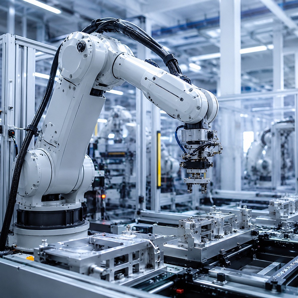 金属部品の自動生産ラインで稼働する産業用ロボットアーム