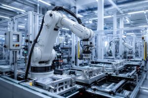 金属部品の自動生産ラインで稼働する産業用ロボットアーム