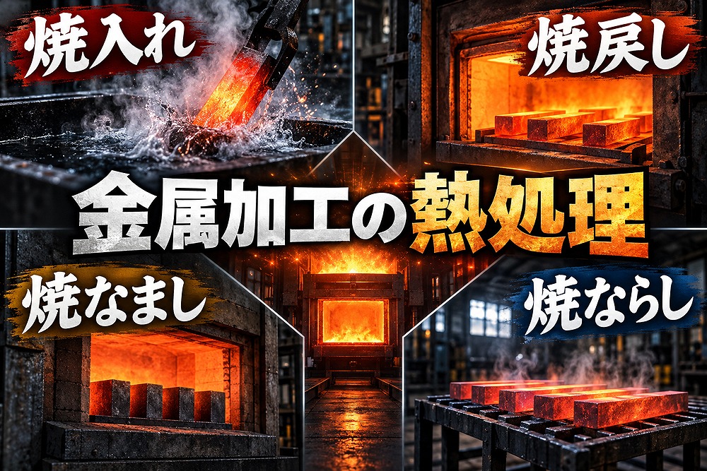 金属加工の熱処理を解説するイメージ。焼入れ・焼戻し・焼なまし・焼ならしの工程を表示