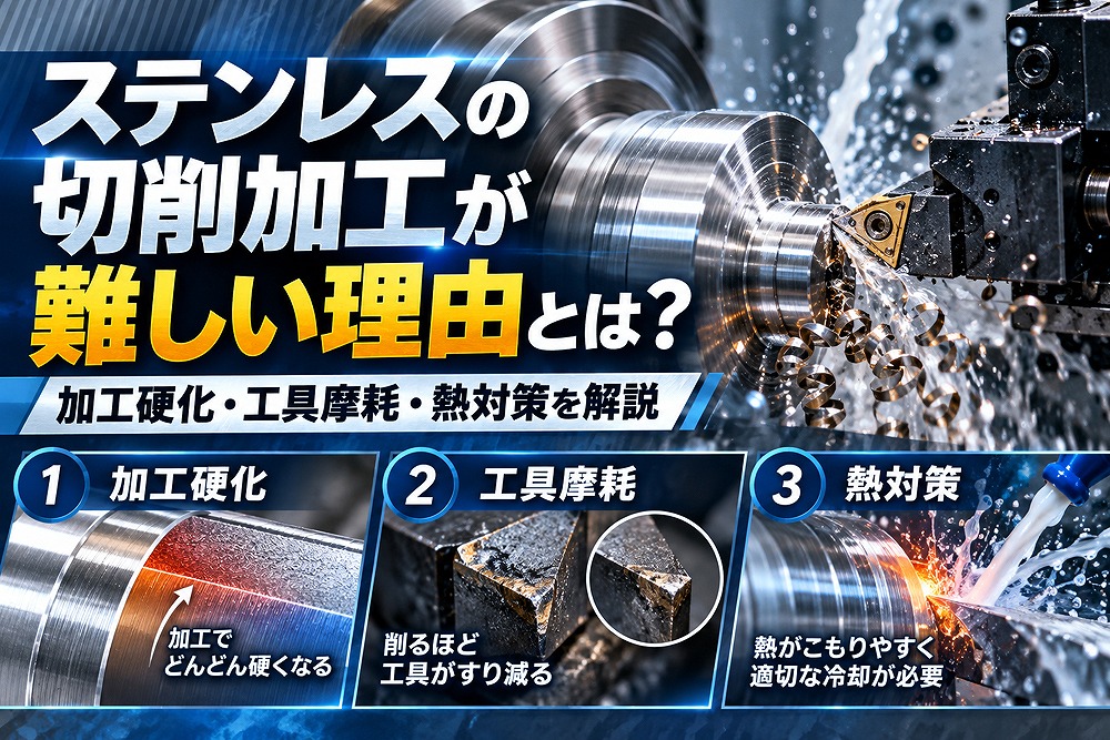 ステンレス部品を切削加工する工作機械と加工硬化・工具摩耗・切削熱のイメージ